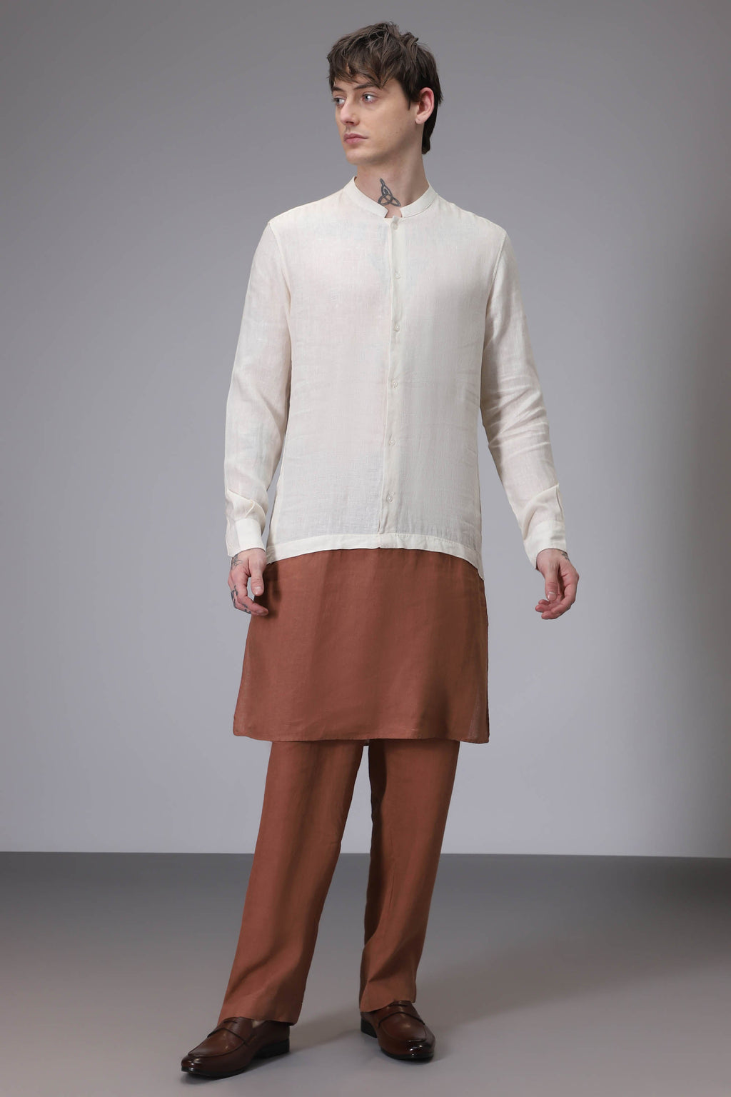 Beige with Brown designer linen kurta
