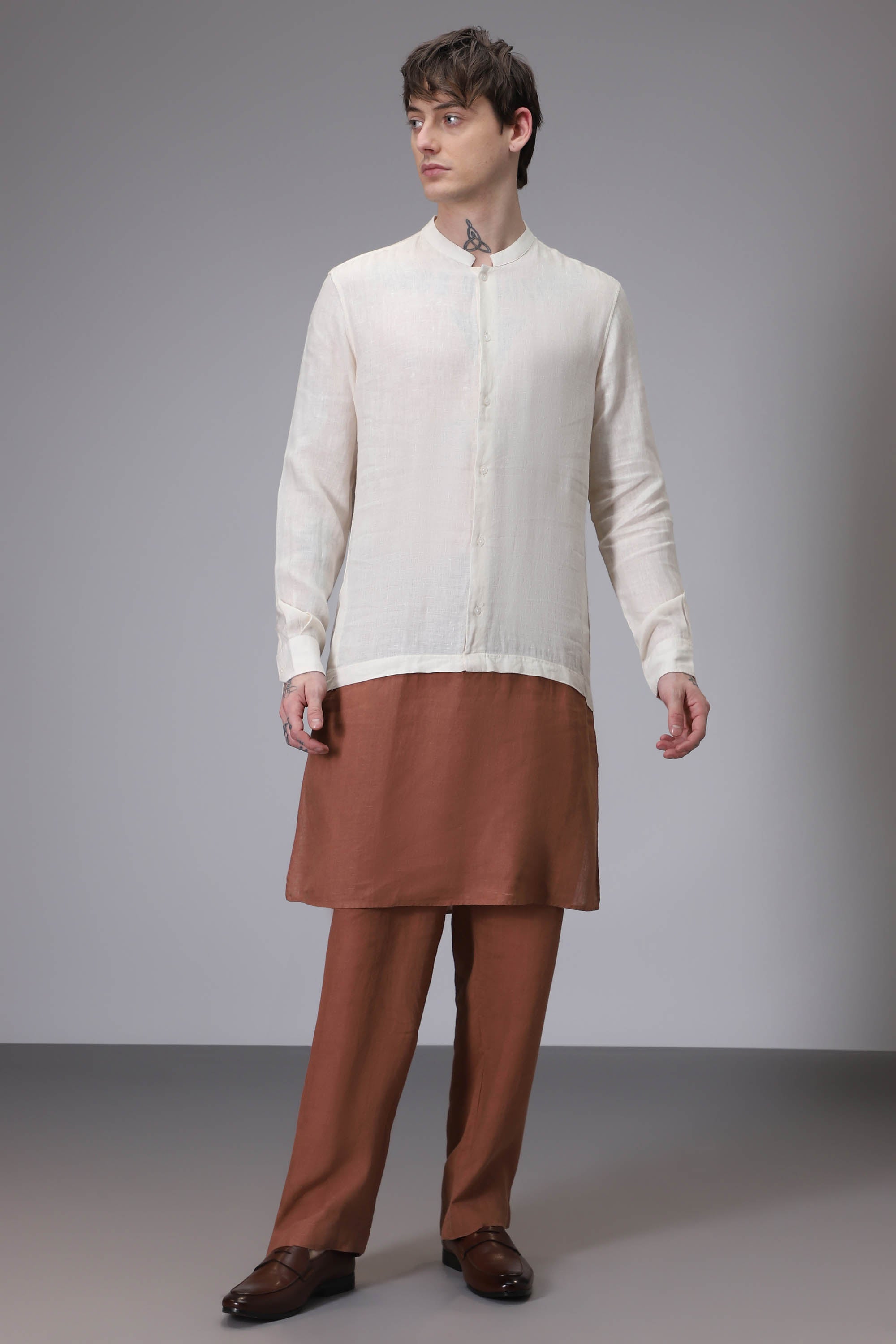 Beige with Brown designer linen kurta