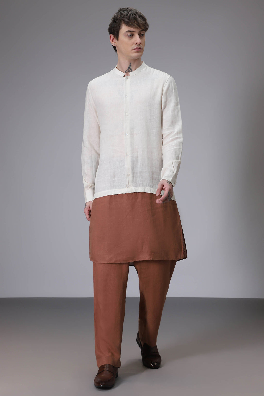 Beige with Brown designer linen kurta