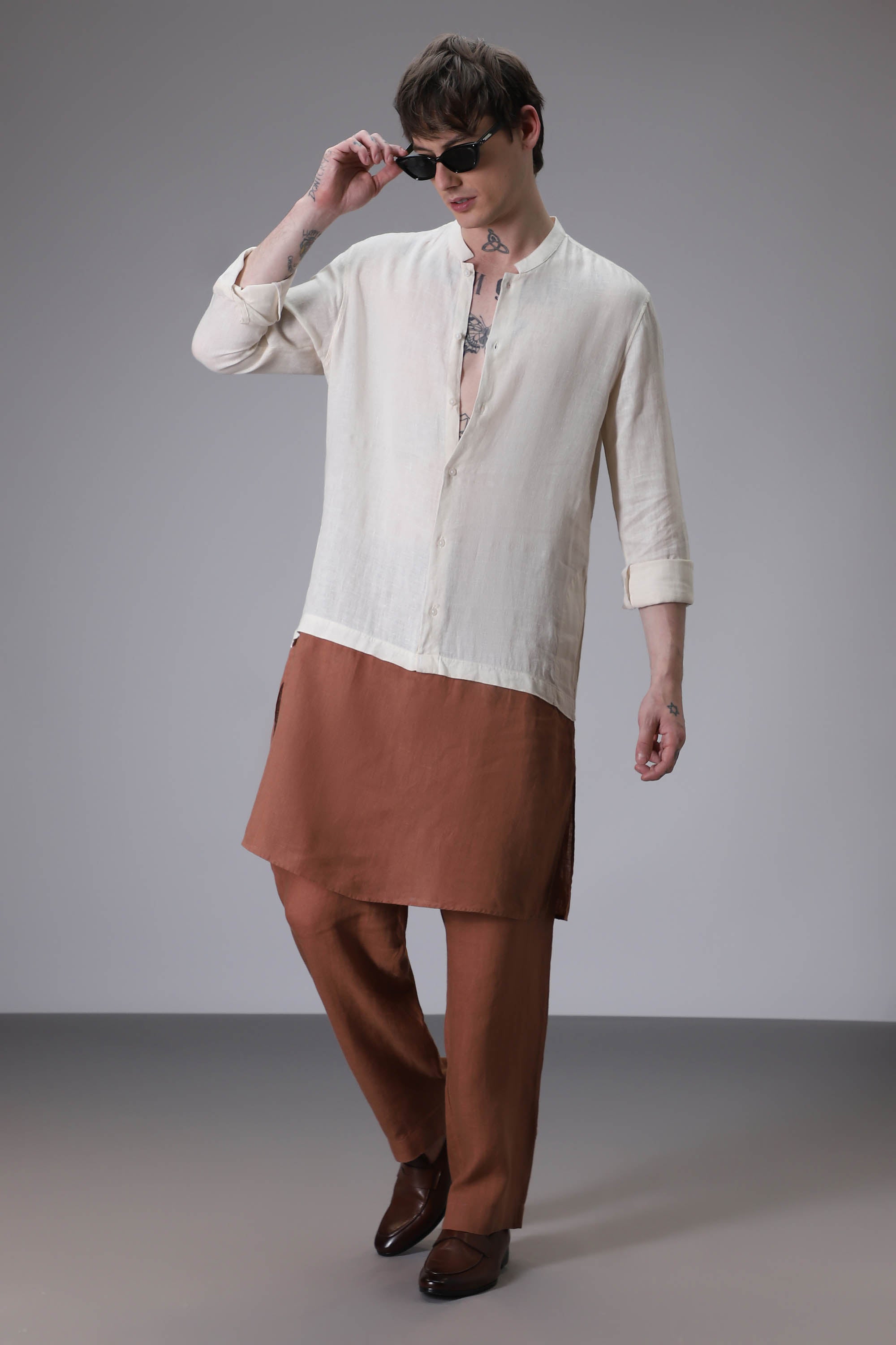 Beige with Brown designer linen kurta