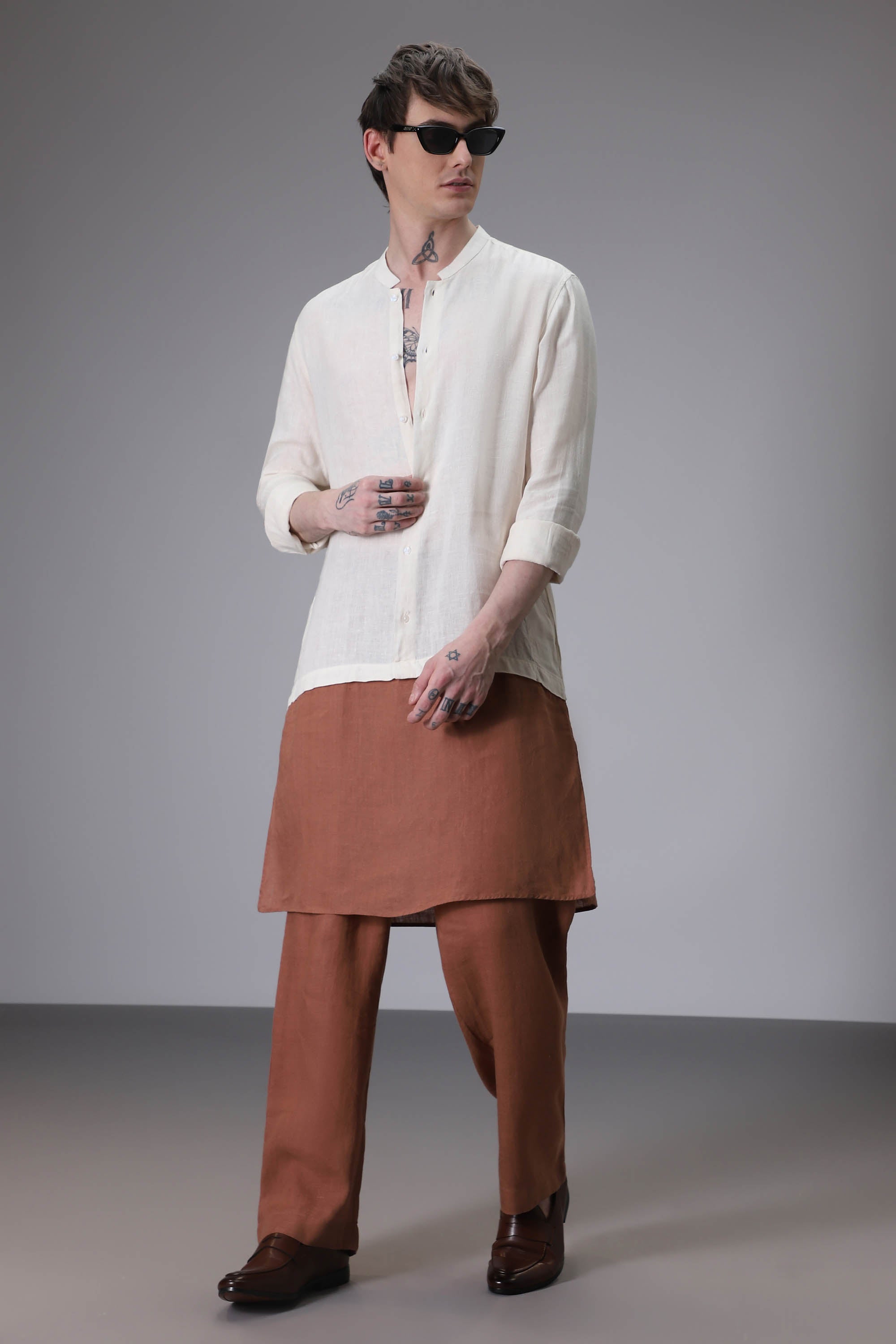 Beige with Brown designer linen kurta
