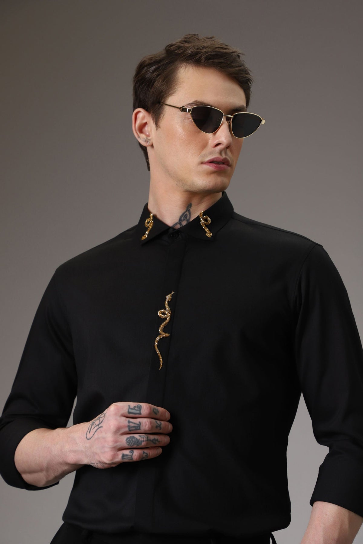 Snake hand embroidered designer shirt - Black