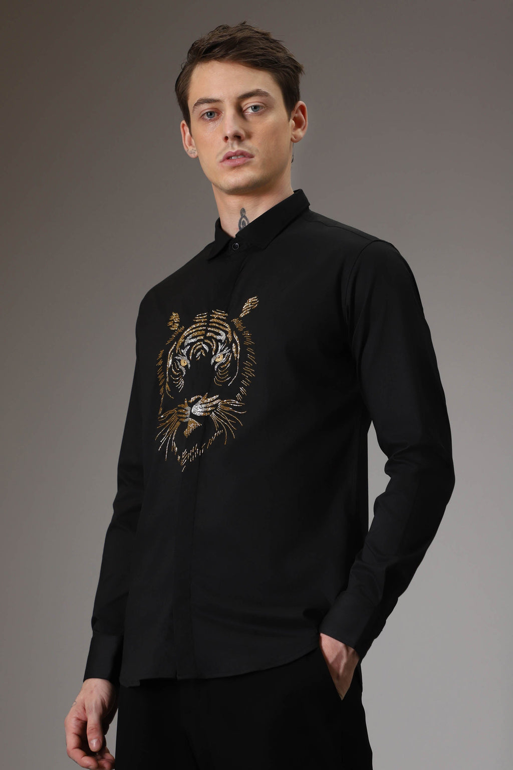 Relentless Tiger Hand Embroidered Designer Shirt - Black