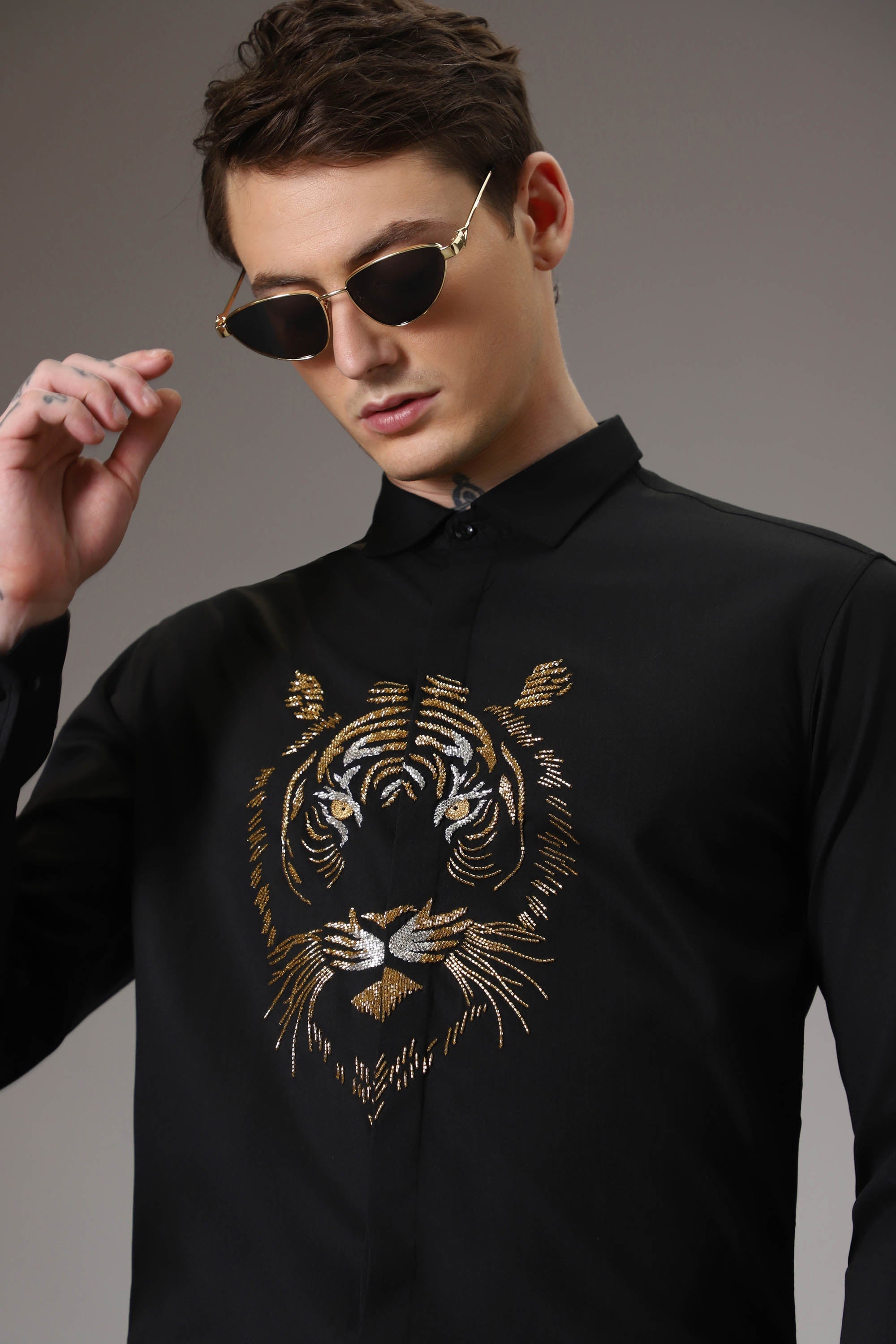 Relentless Tiger Hand Embroidered Designer Shirt - Black