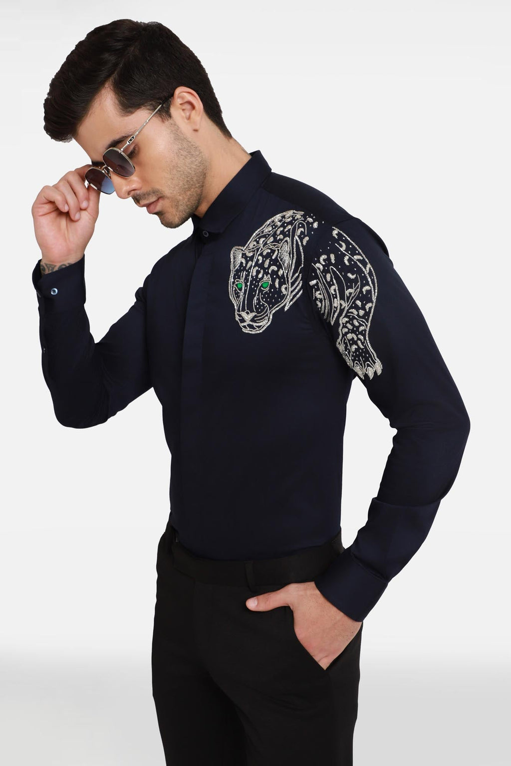 The Jaguar Hand embroidered Designer Shirt- Navy