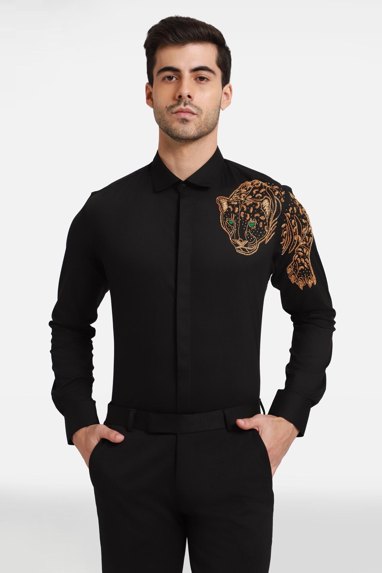 The Jaguar Hand embroidery Designer Shirt - Black