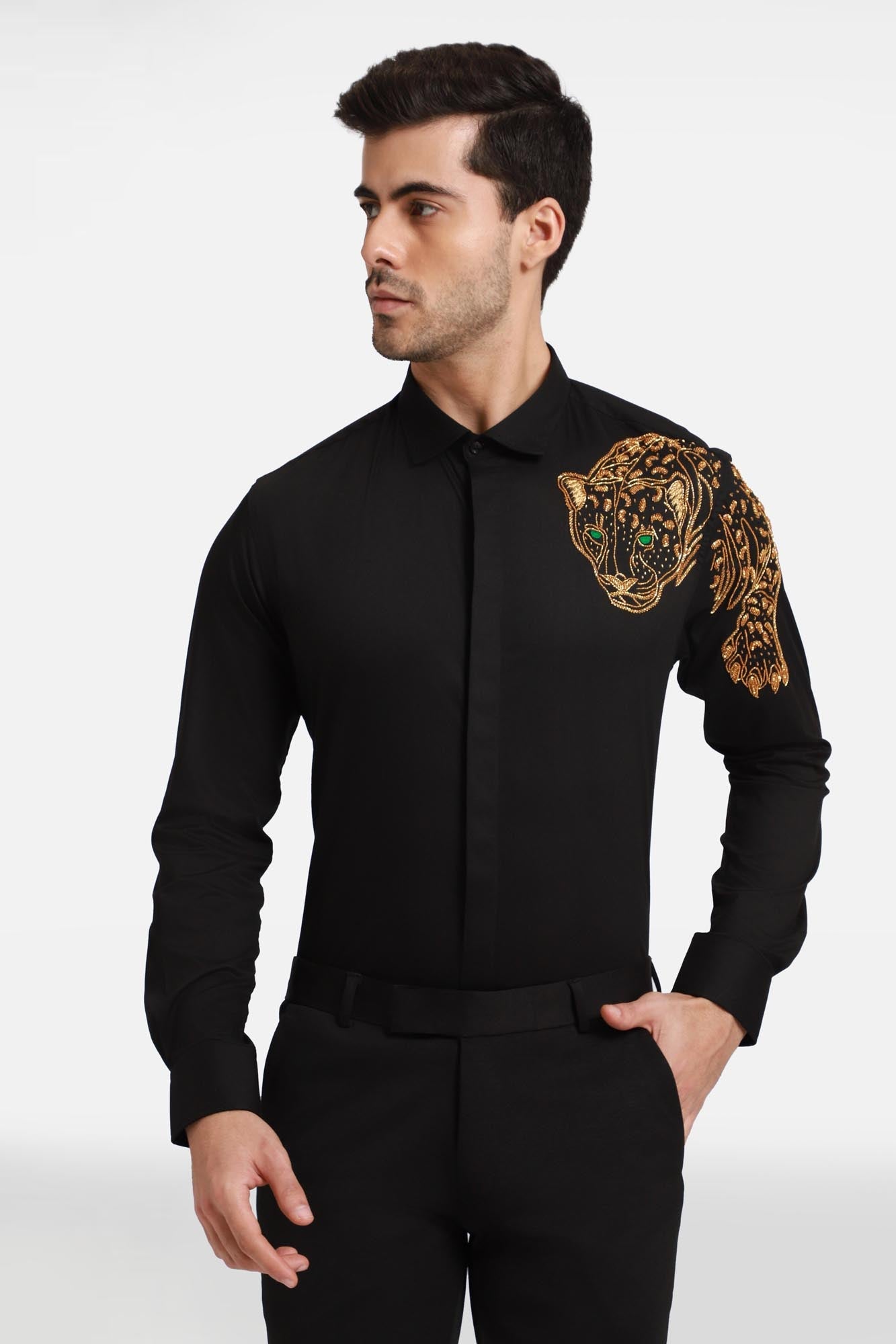The Jaguar Hand embroidery Designer Shirt - Black