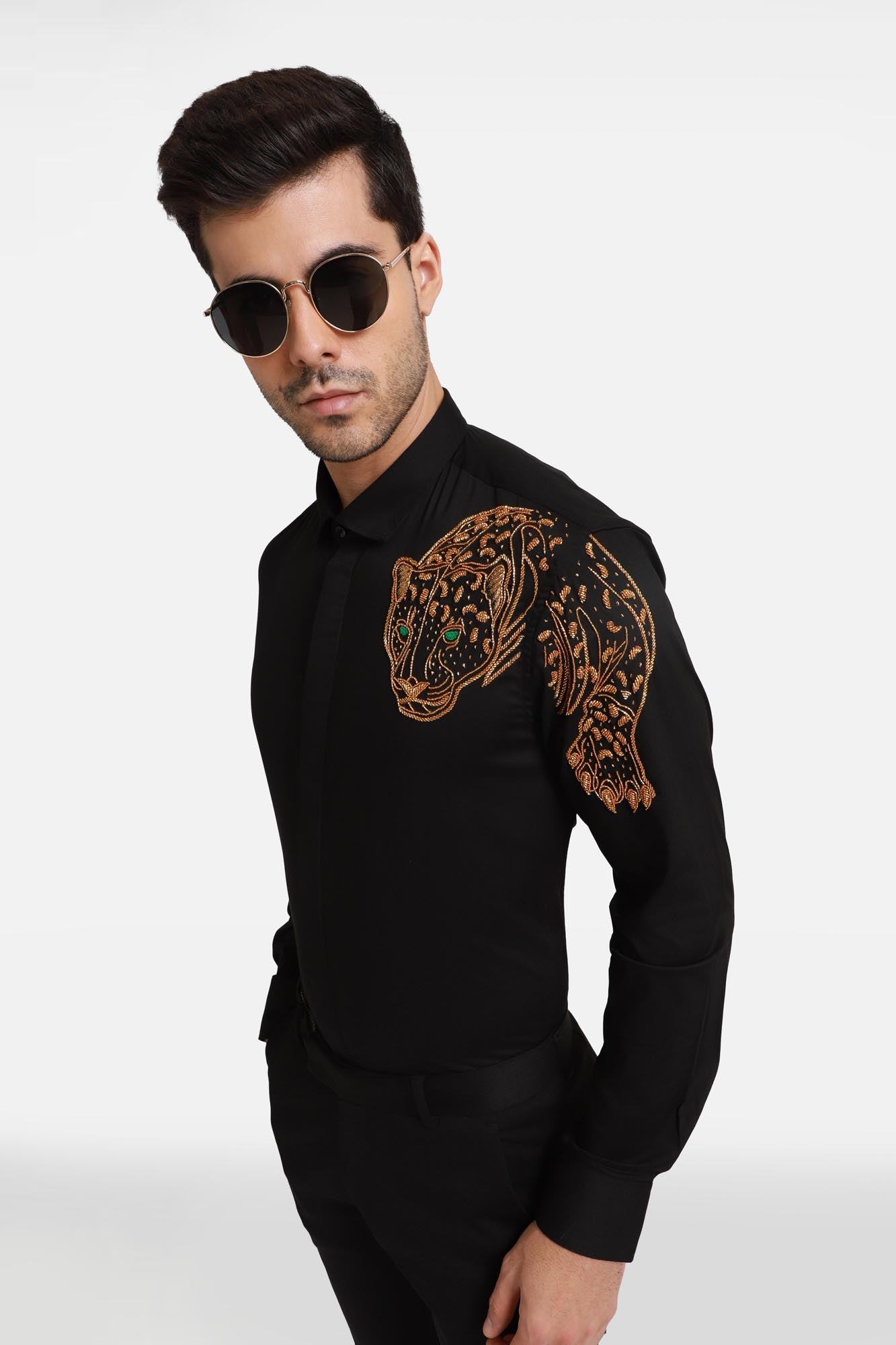 The Jaguar Hand embroidery Designer Shirt - Black