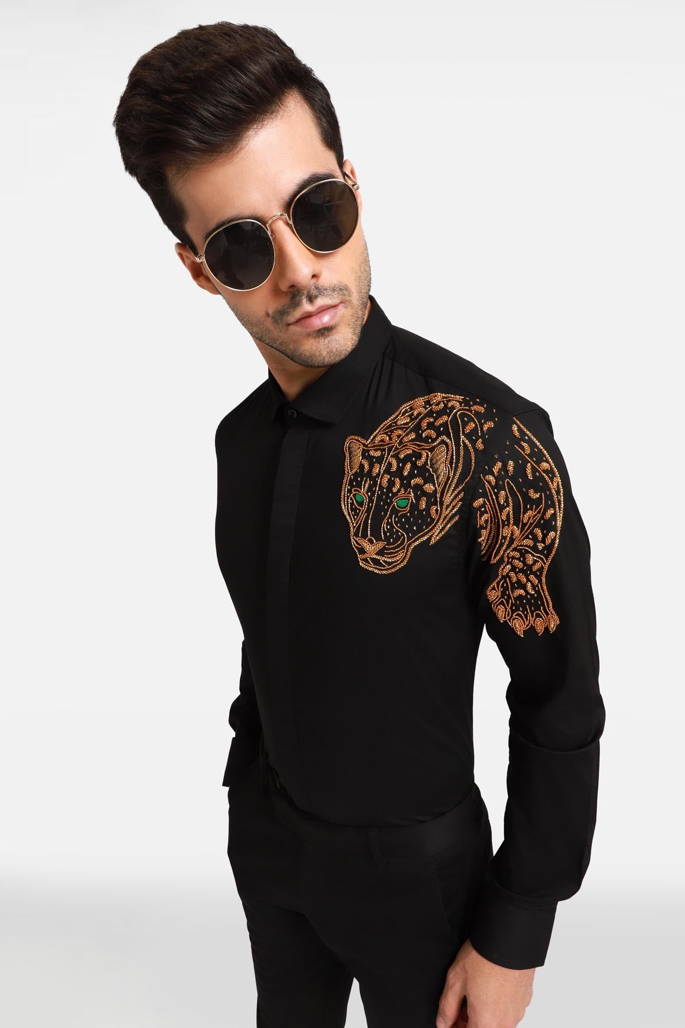 The Jaguar Hand embroidery Designer Shirt - Black