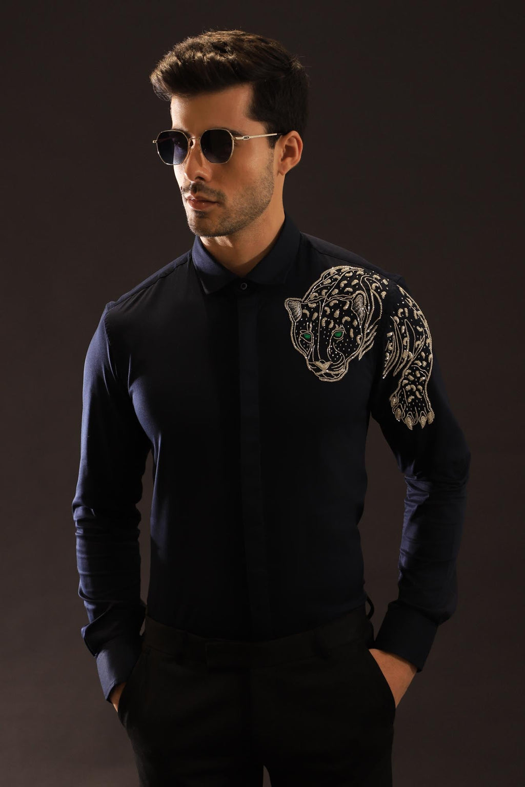 The Jaguar Hand embroidered Designer Shirt- Navy