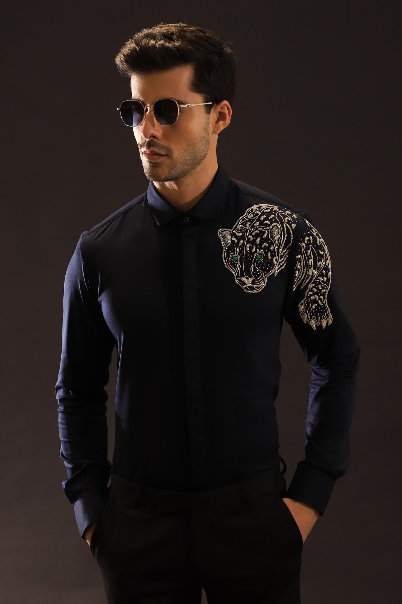 The Jaguar Hand embroidered Designer Shirt- Navy