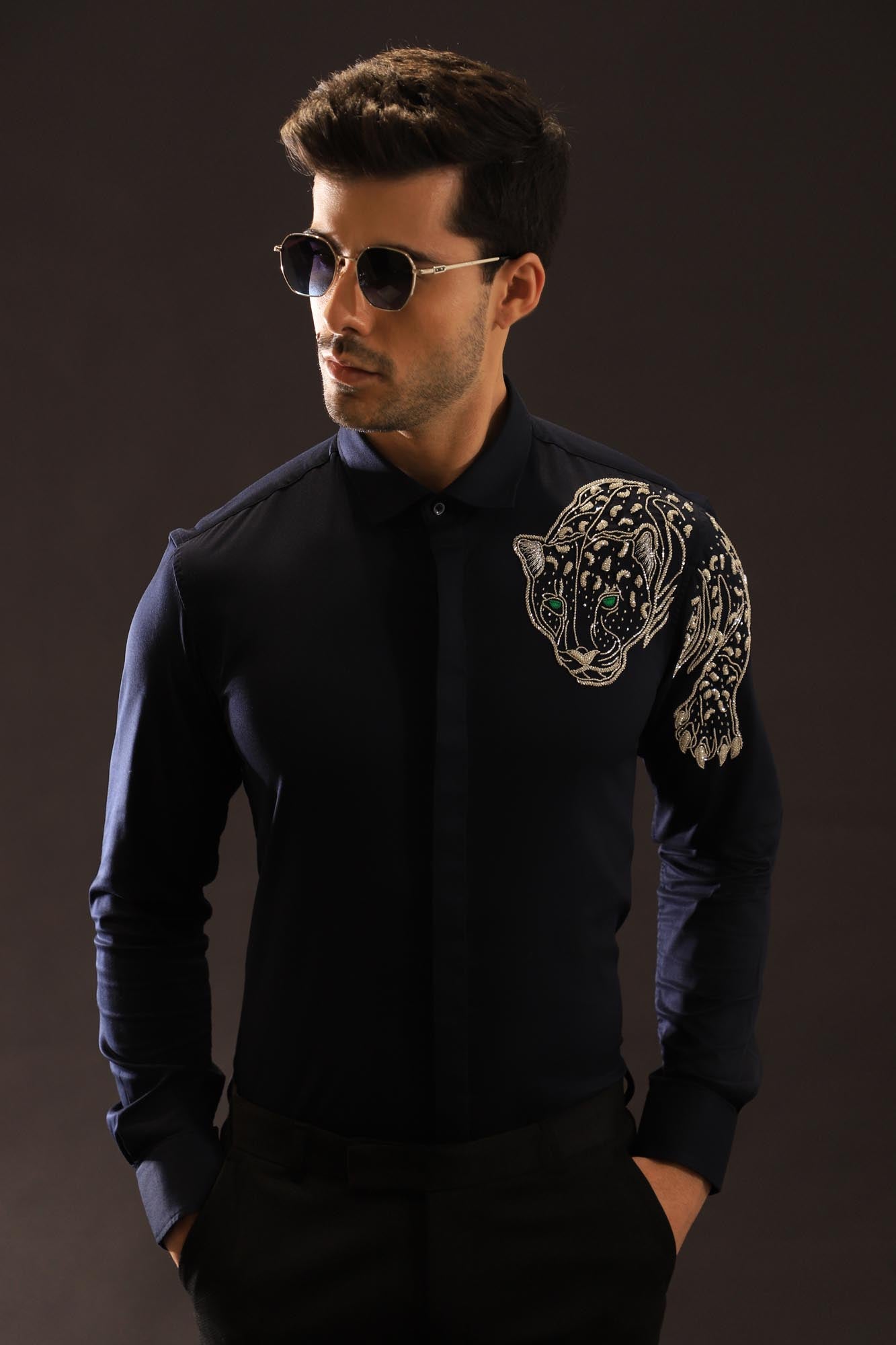 The Jaguar Hand embroidered Designer Shirt- Navy