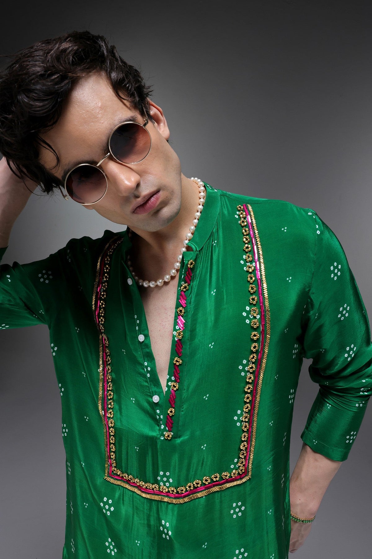 Velora Bhandini - Hand Embroidered Designer Kurta - Bottle Green