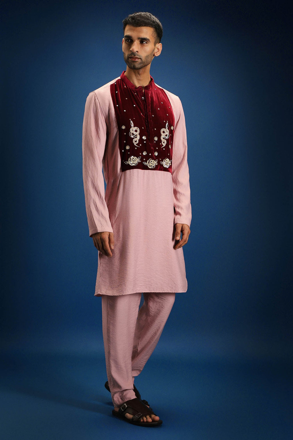 Gulnaar Elegance Velvet Patch Kurta - Pink