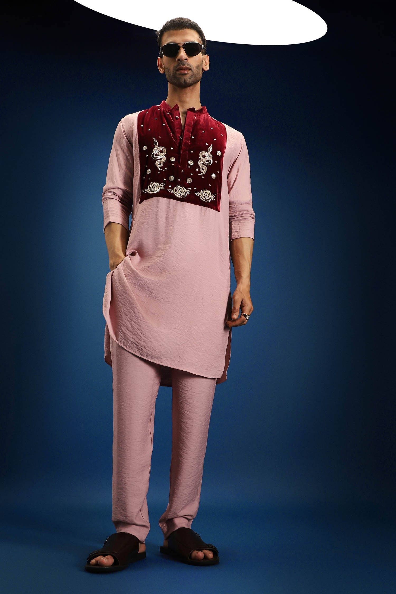 Gulnaar Elegance Velvet Patch Kurta - Pink