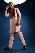 Gulnaar Elegance Velvet Patch Kurta - Pink