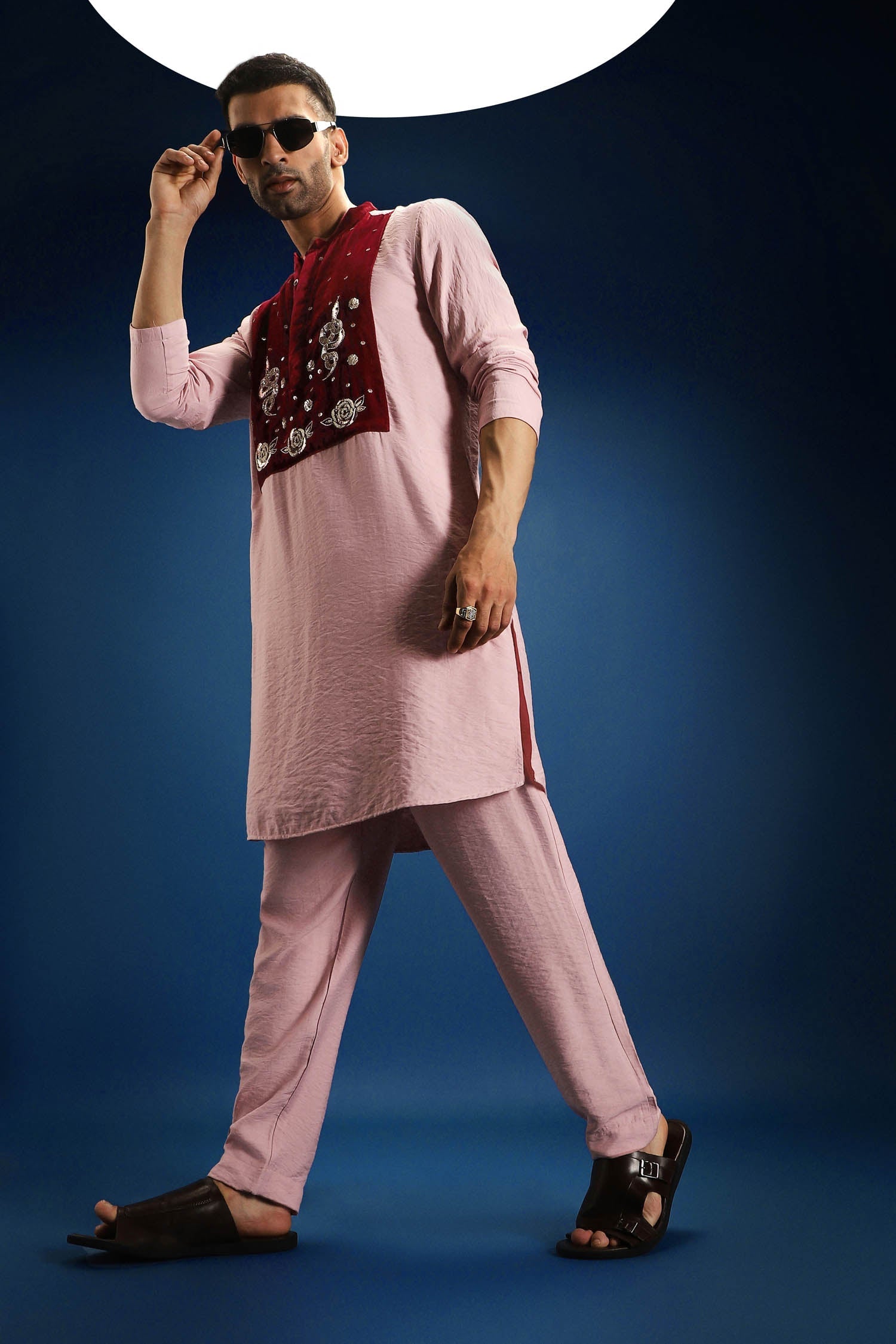 Gulnaar Elegance Velvet Patch Kurta - Pink