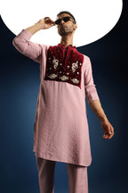 Gulnaar Elegance Velvet Patch Kurta - Pink