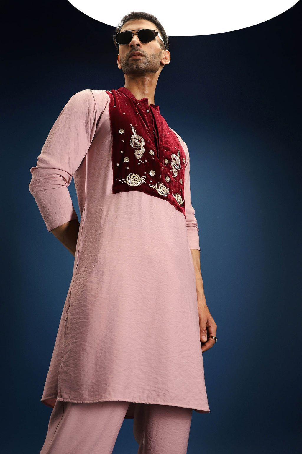 Gulnaar Elegance Velvet Patch Kurta - Pink