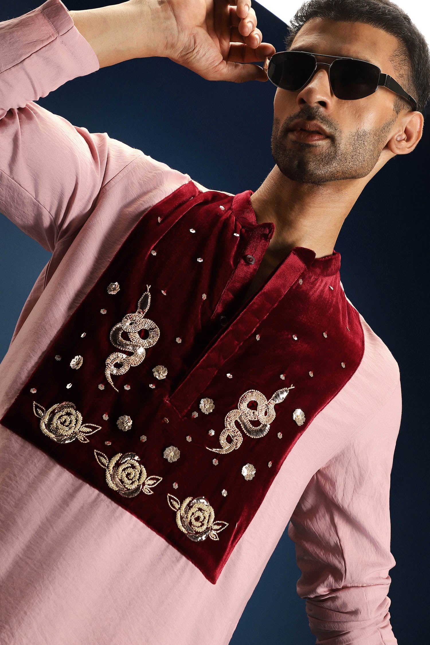 Gulnaar Elegance Velvet Patch Kurta - Pink