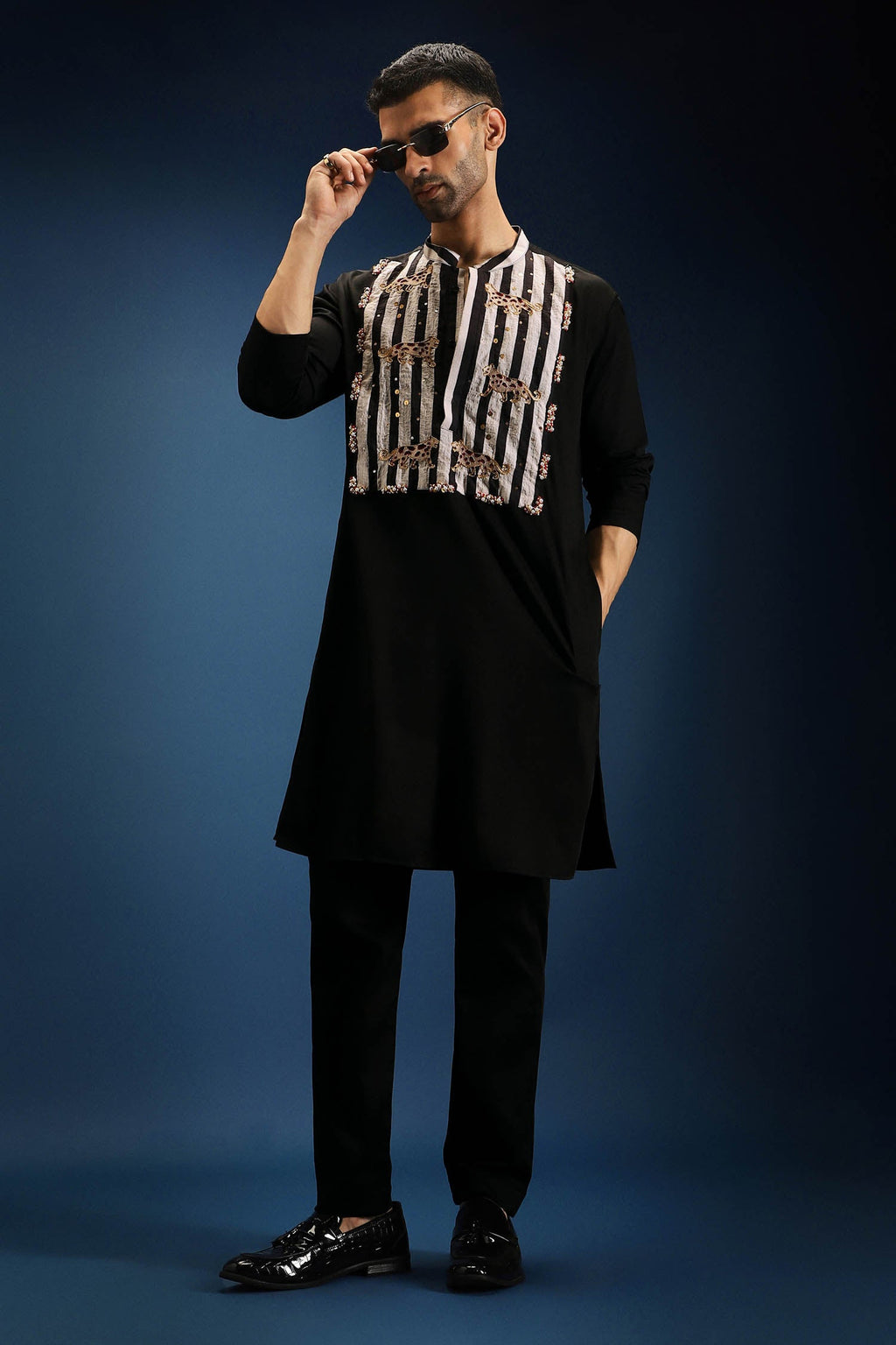 Nocturne Patch Kurta - Hand Embroidered Designer Kurta - Black