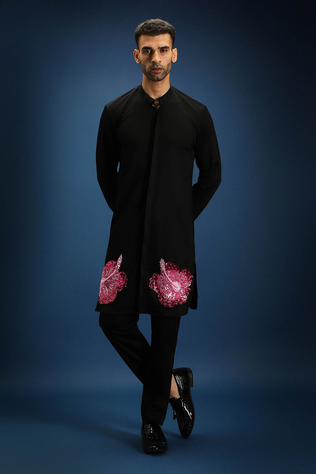 Hibiscus Kurta - Hand Embroidered Designer Kurta - Black