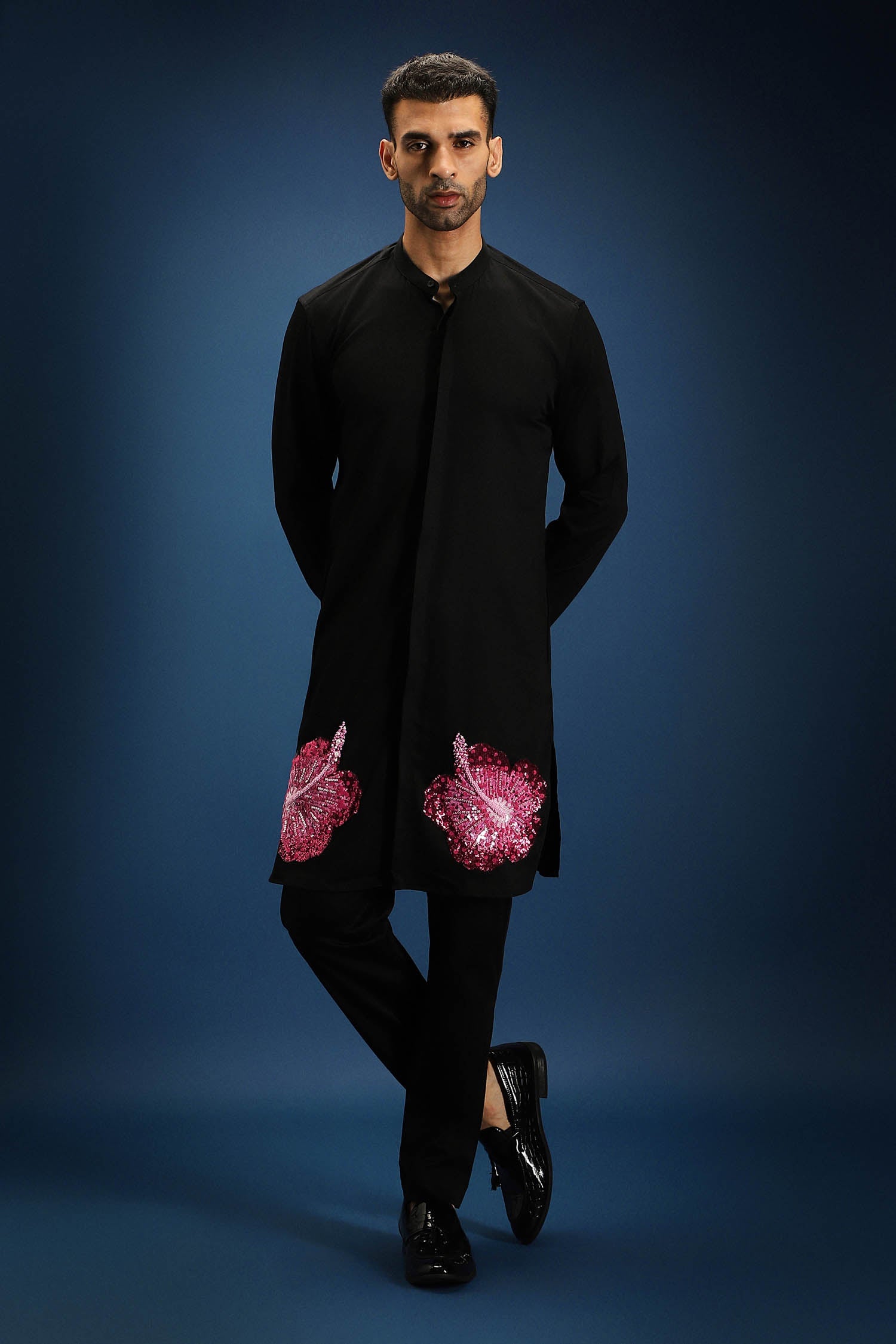 Hibiscus Kurta - Hand Embroidered Designer Kurta - Black