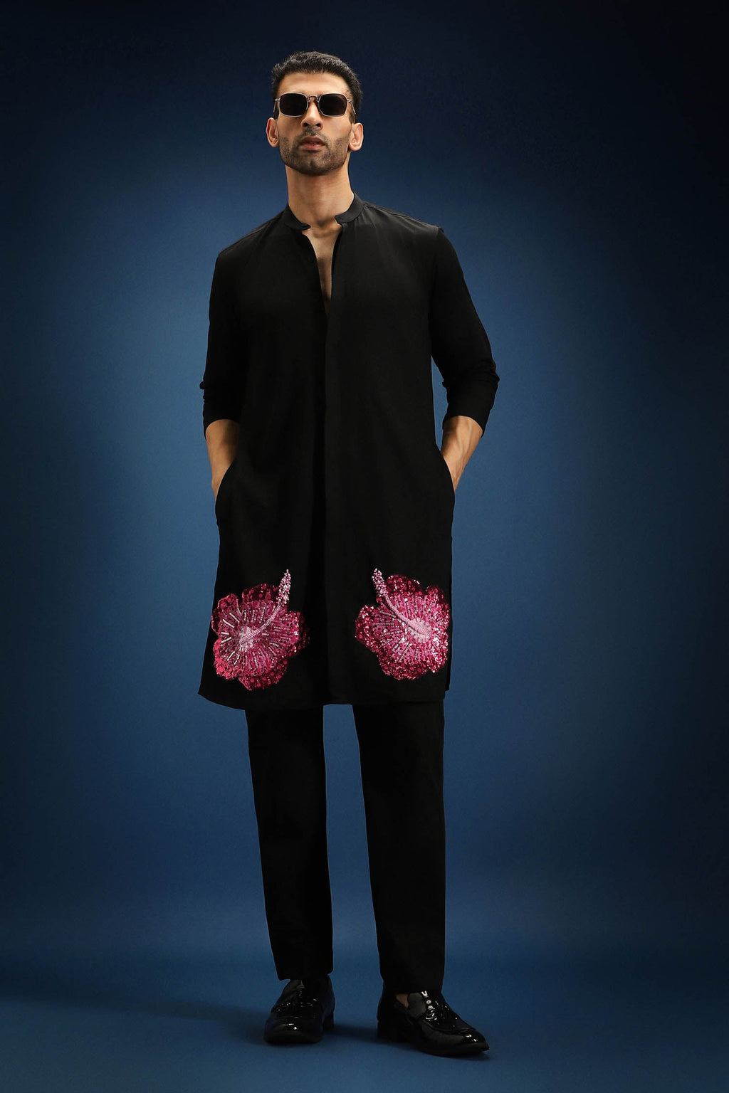 Hibiscus Kurta - Hand Embroidered Designer Kurta - Black