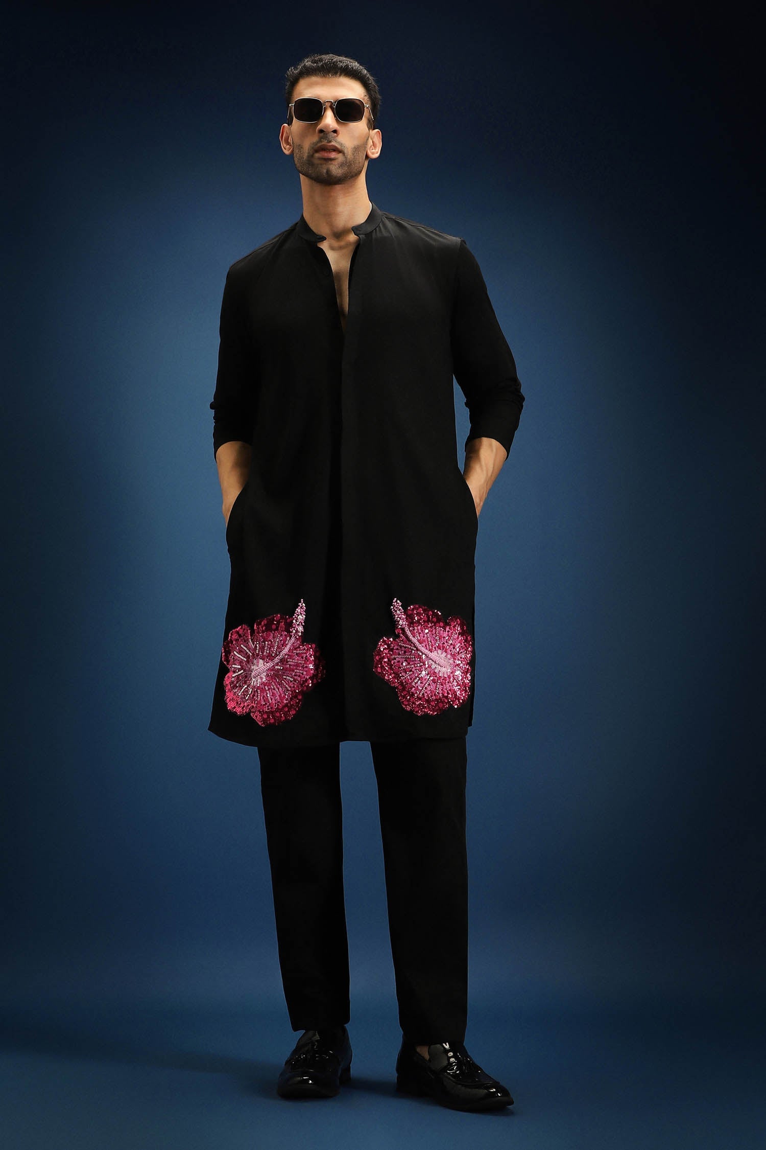 Hibiscus Kurta - Hand Embroidered Designer Kurta - Black
