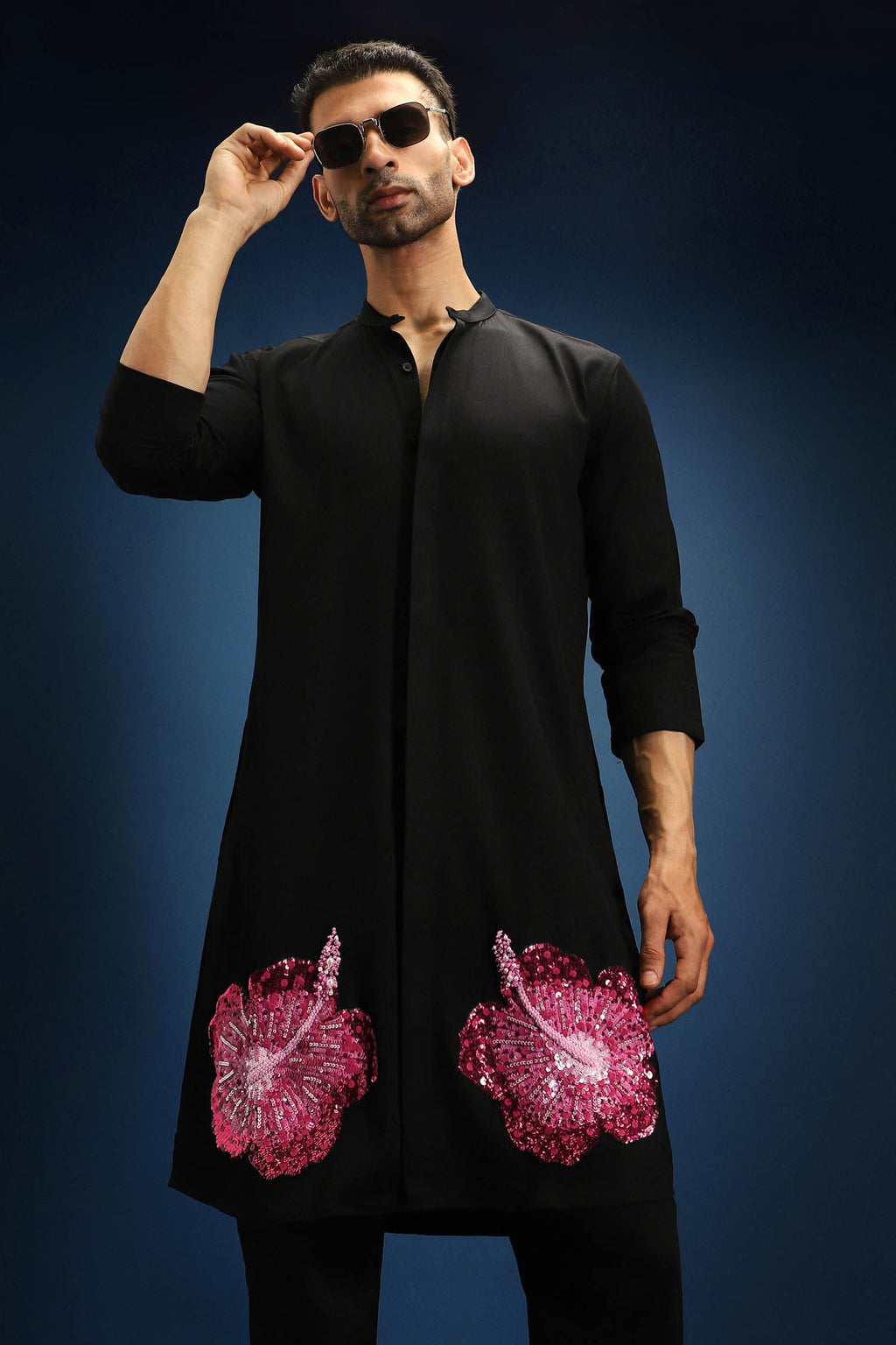 Hibiscus Kurta - Hand Embroidered Designer Kurta - Black