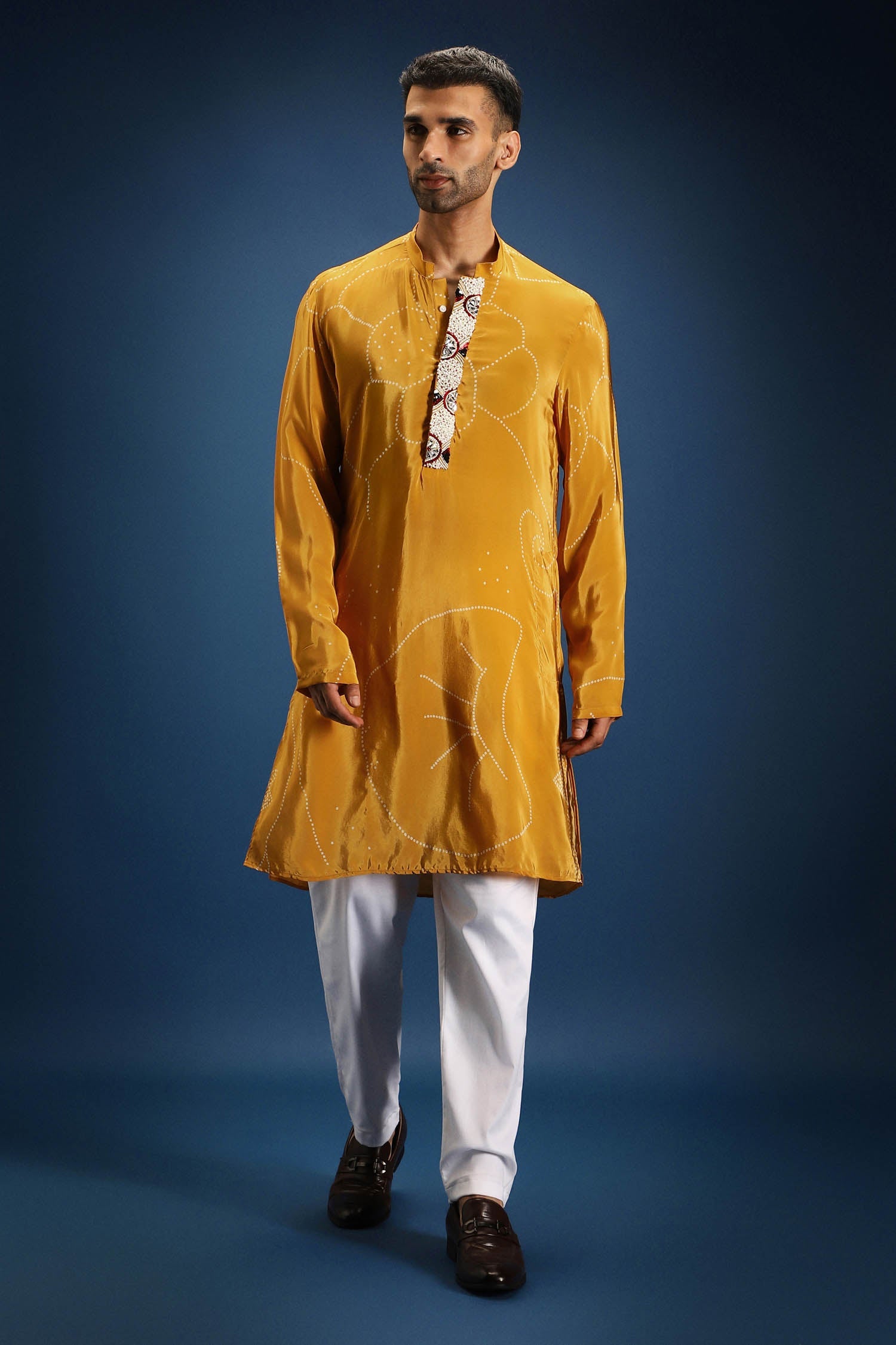 Mustard Doodle Flower Bandhani Kurta - Mustard