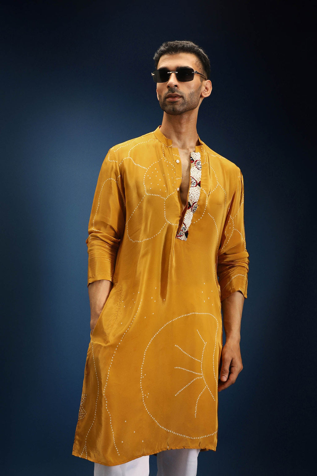Mustard Doodle Flower Bandhani Kurta - Mustard