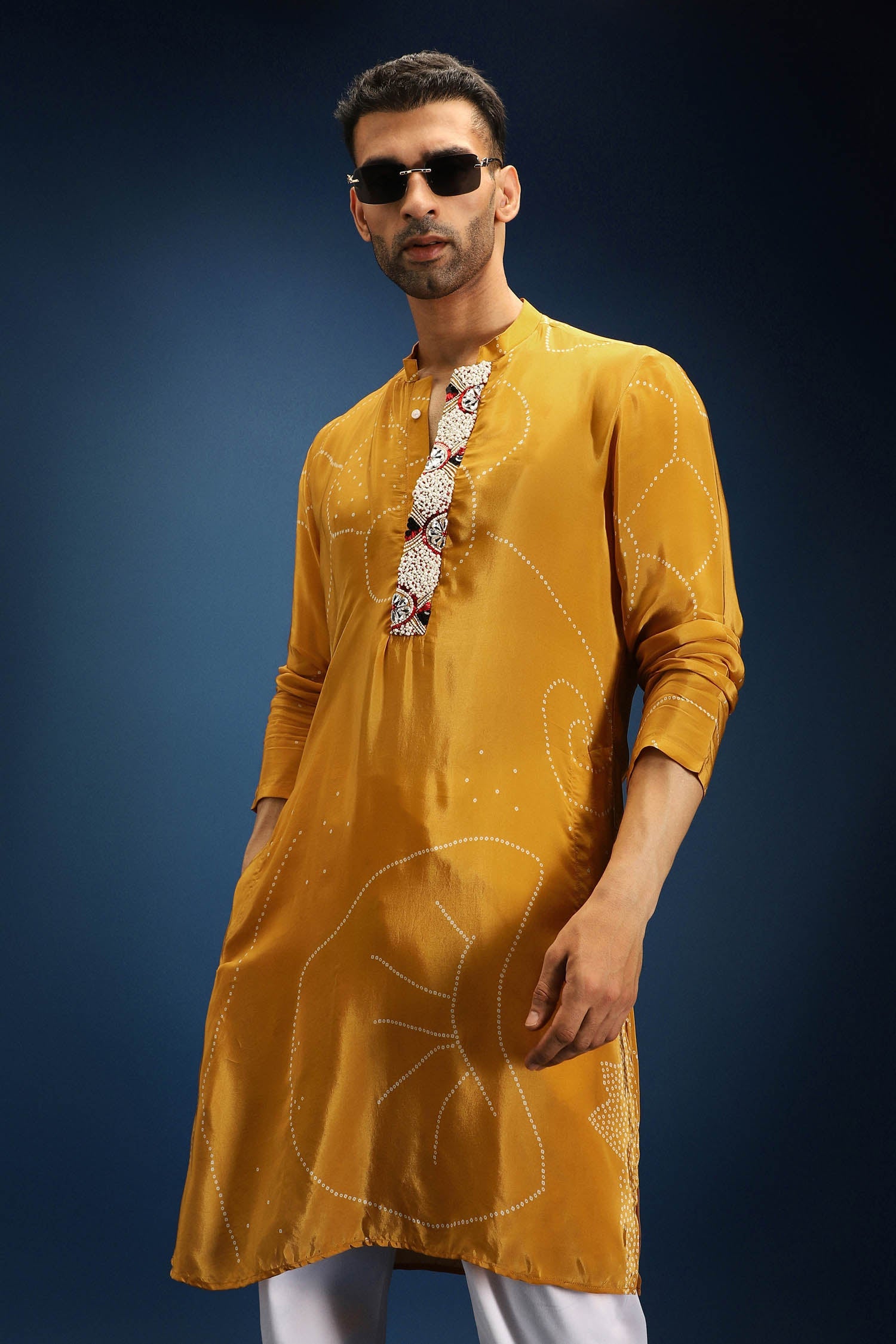 Mustard Doodle Flower Bandhani Kurta - Mustard