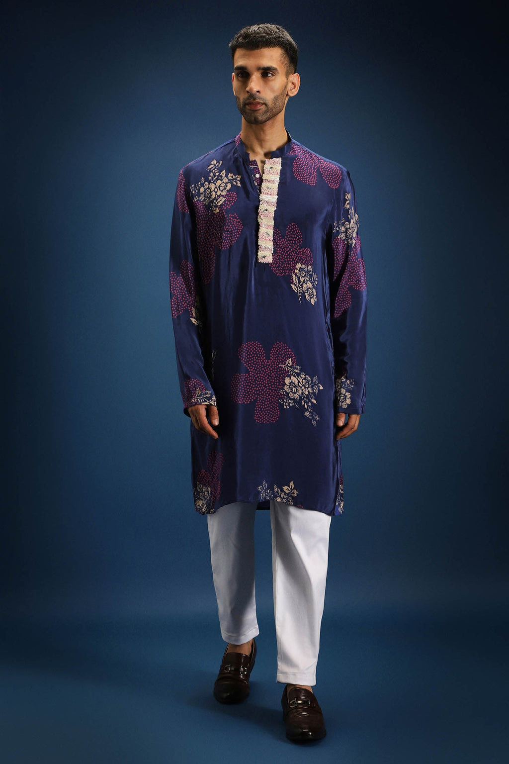 Blue Flower Print Bandhani Kurta - Blue