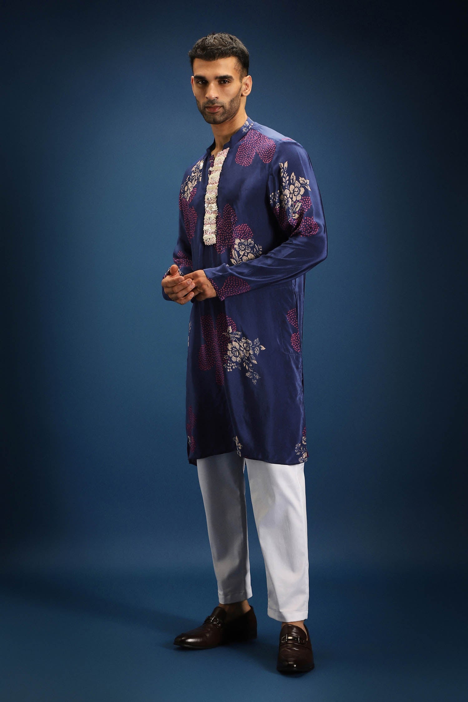 Blue Flower Print Bandhani Kurta - Blue