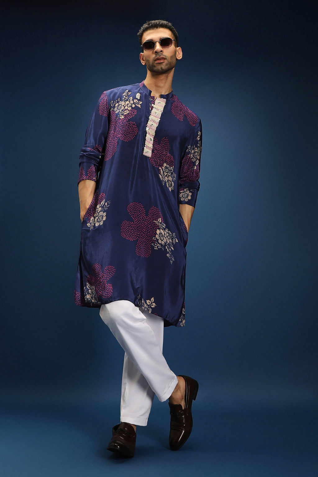 Blue Flower Print Bandhani Kurta - Blue