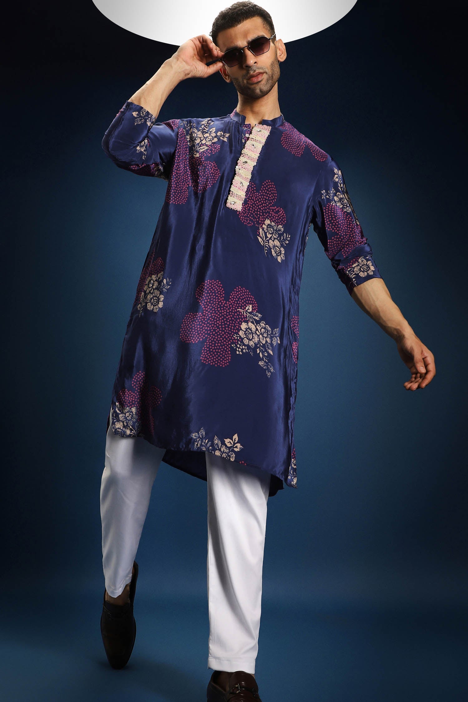 Blue Flower Print Bandhani Kurta - Blue