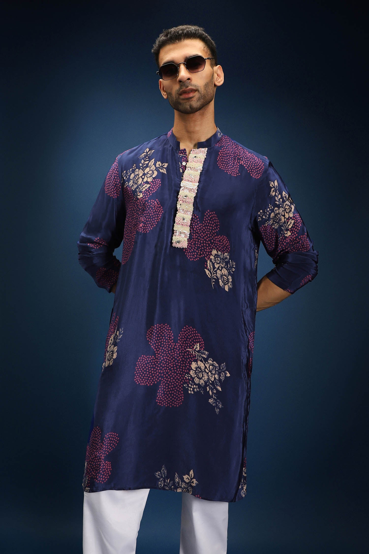 Blue Flower Print Bandhani Kurta - Blue