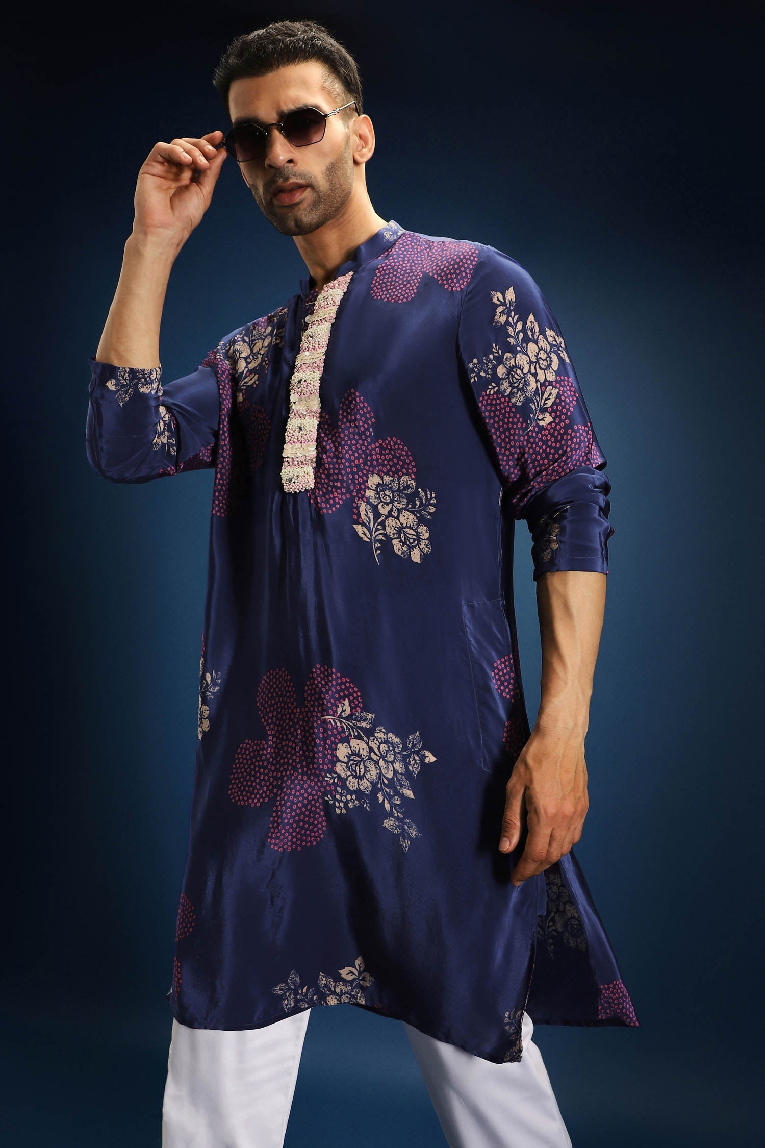 Blue Flower Print Bandhani Kurta - Blue