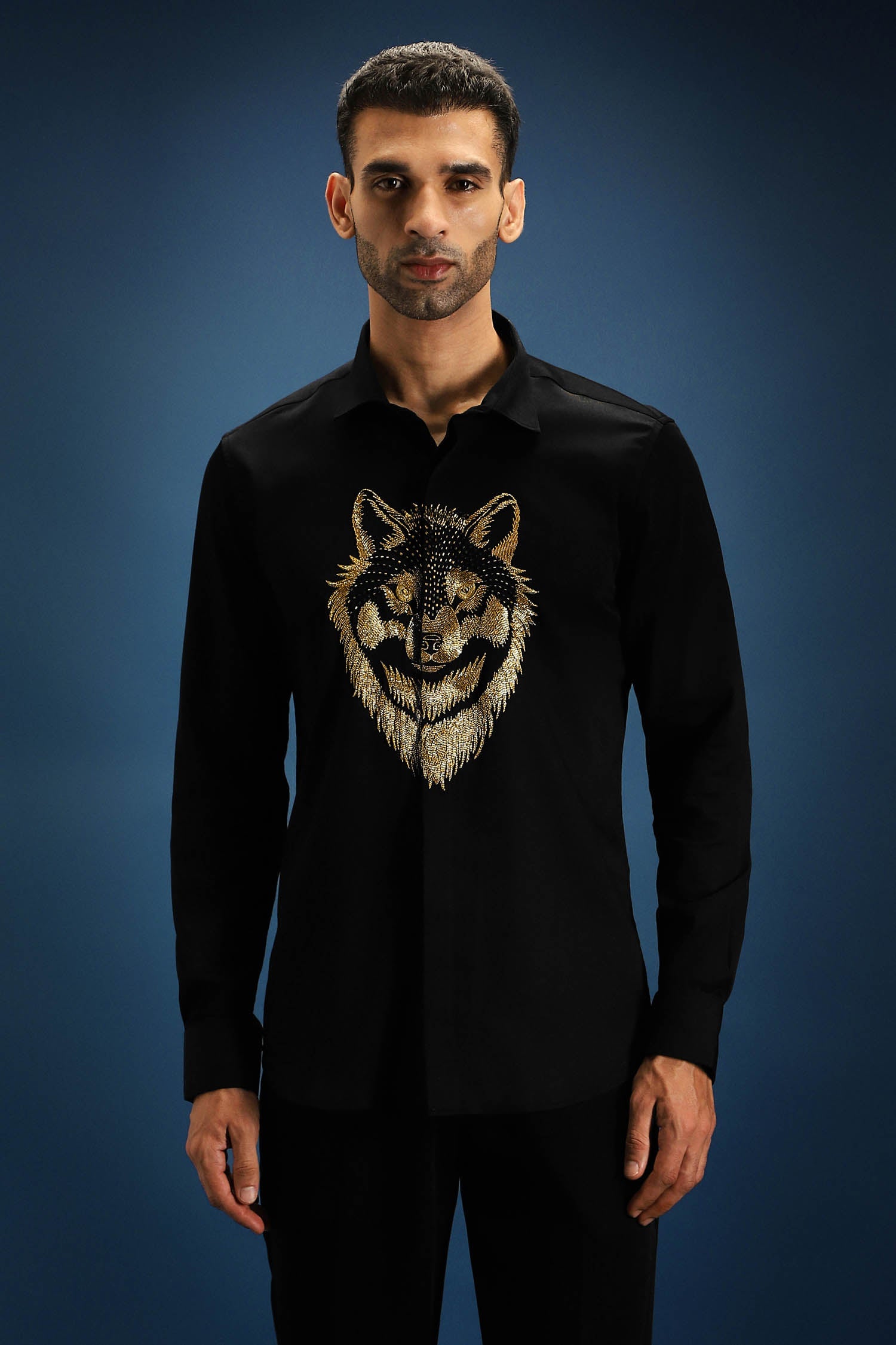 Wolf - Hand Embroidered Designer Shirt - Black
