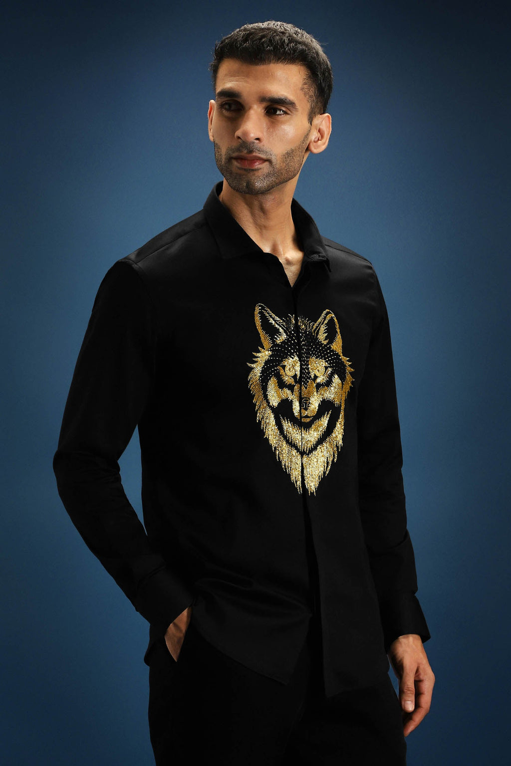 Wolf - Hand Embroidered Designer Shirt - Black