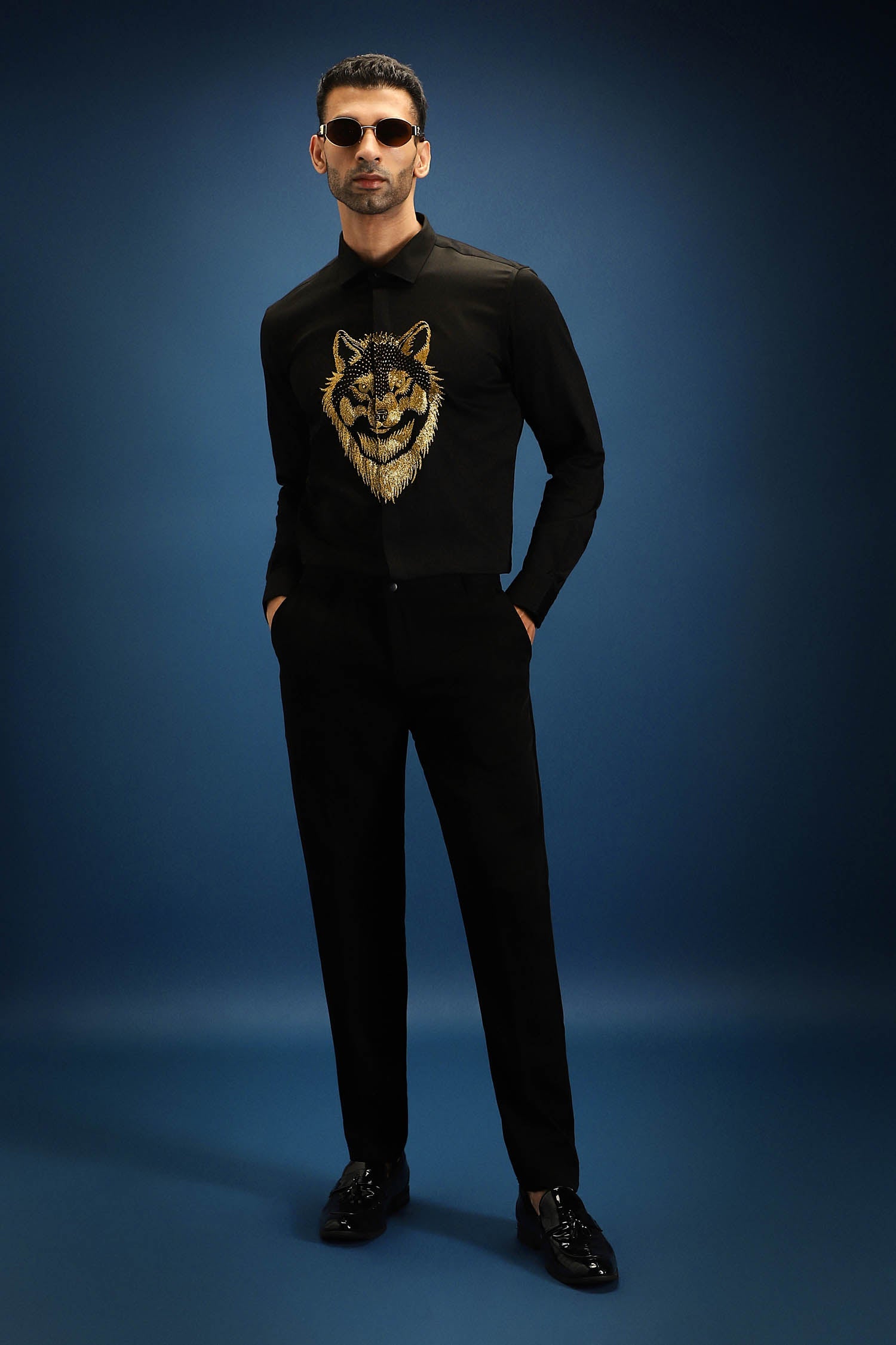 Wolf - Hand Embroidered Designer Shirt - Black