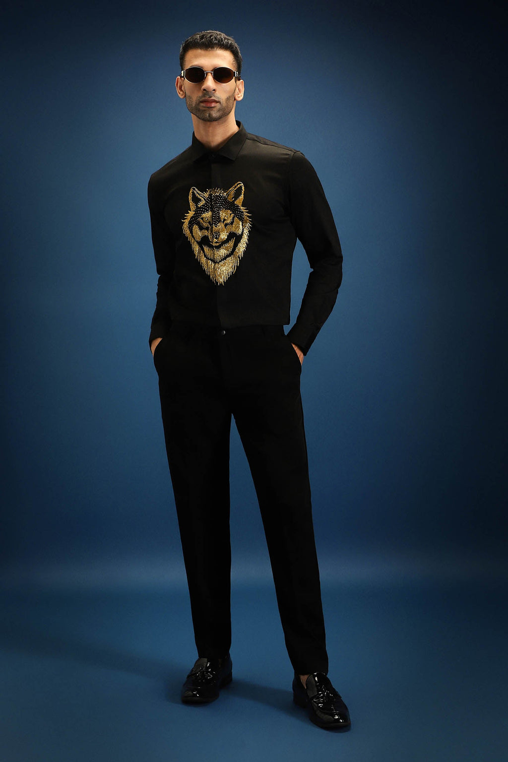 Wolf - Hand Embroidered Designer Shirt - Black