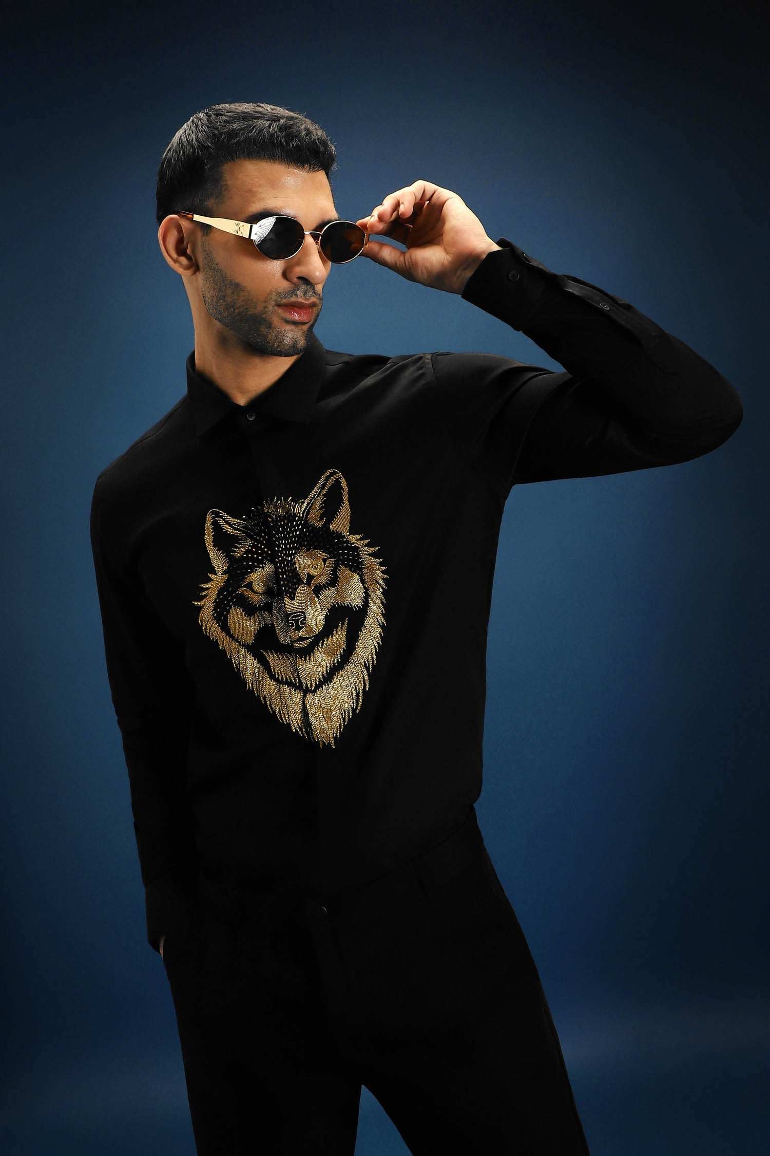 Wolf - Hand Embroidered Designer Shirt - Black
