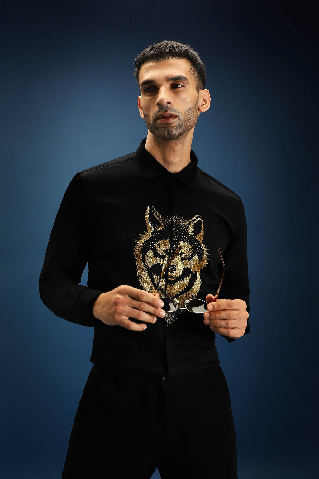 Wolf - Hand Embroidered Designer Shirt - Black