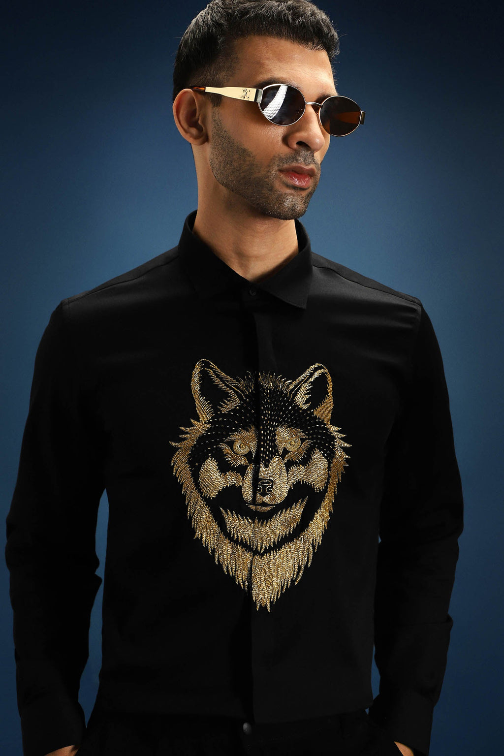 Wolf - Hand Embroidered Designer Shirt - Black