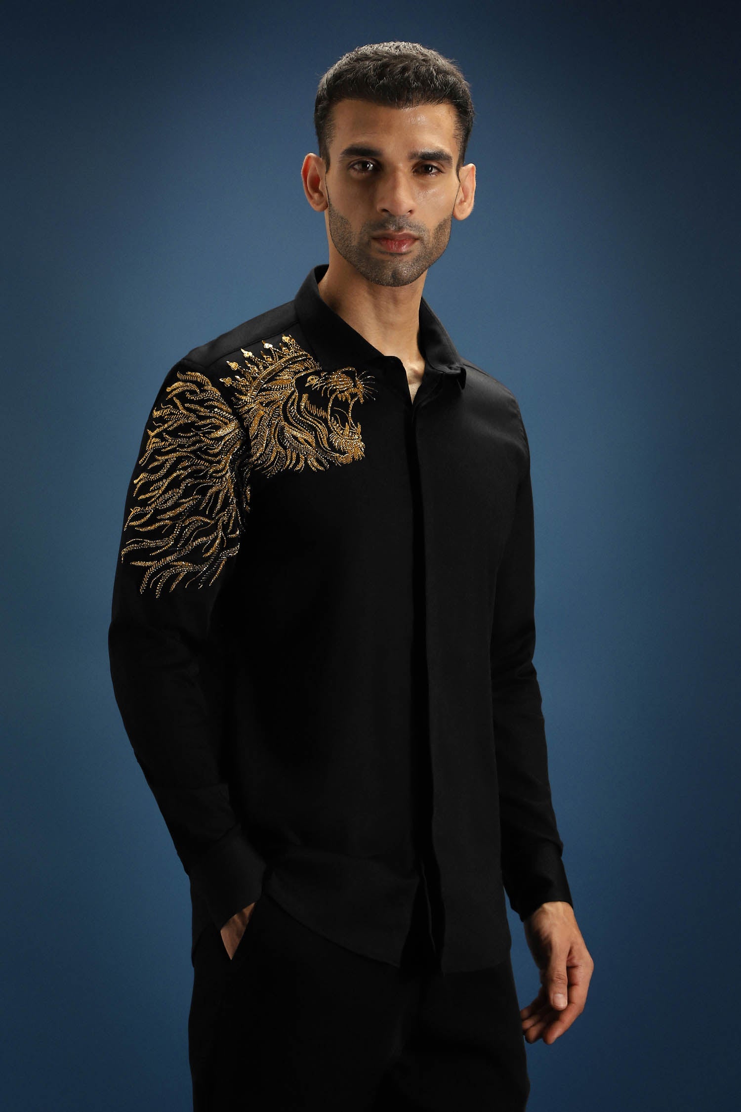 Narasimha (Lion) Hand Embroidered Designer Shirt - Black