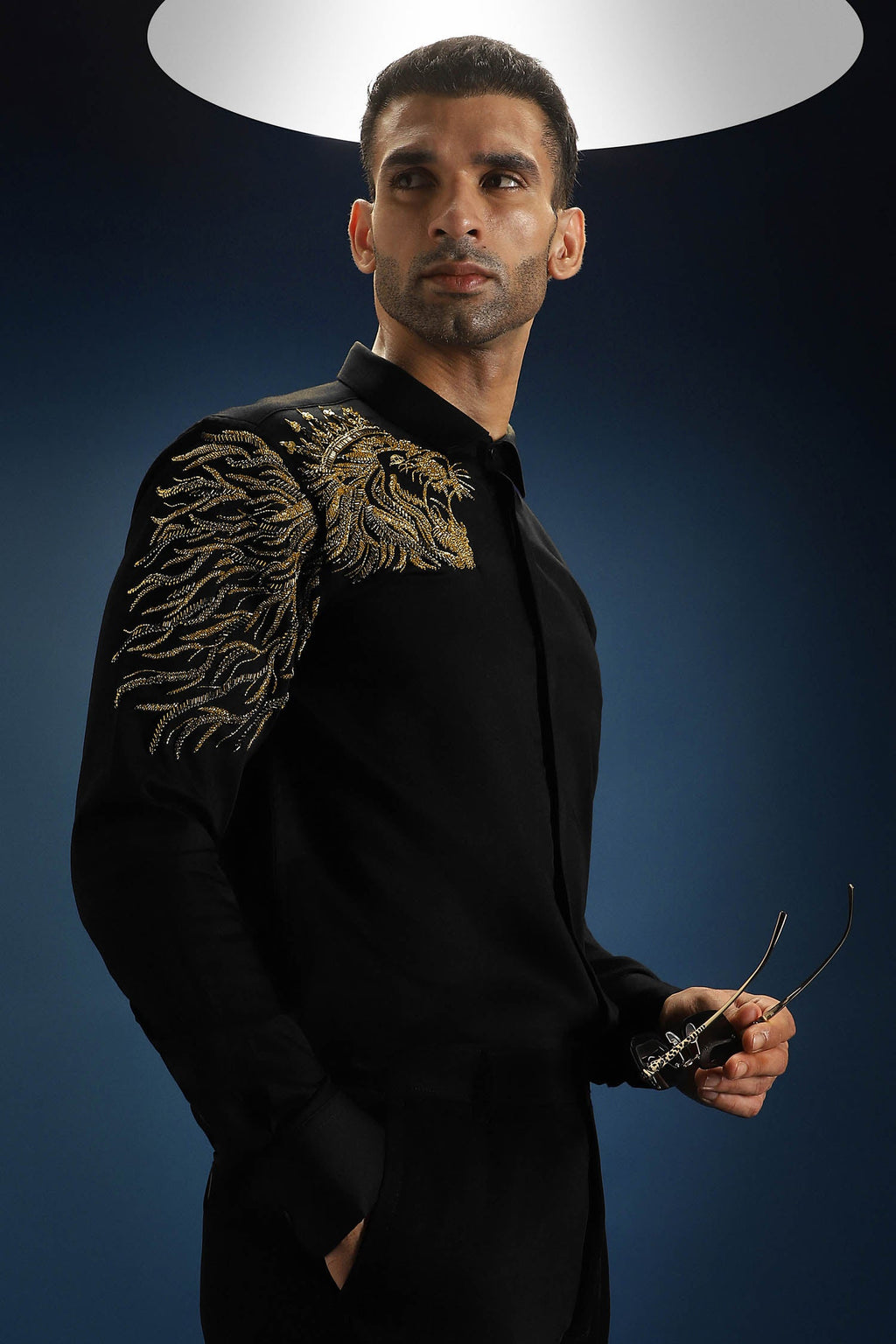 Narasimha (Lion) Hand Embroidered Designer Shirt - Black