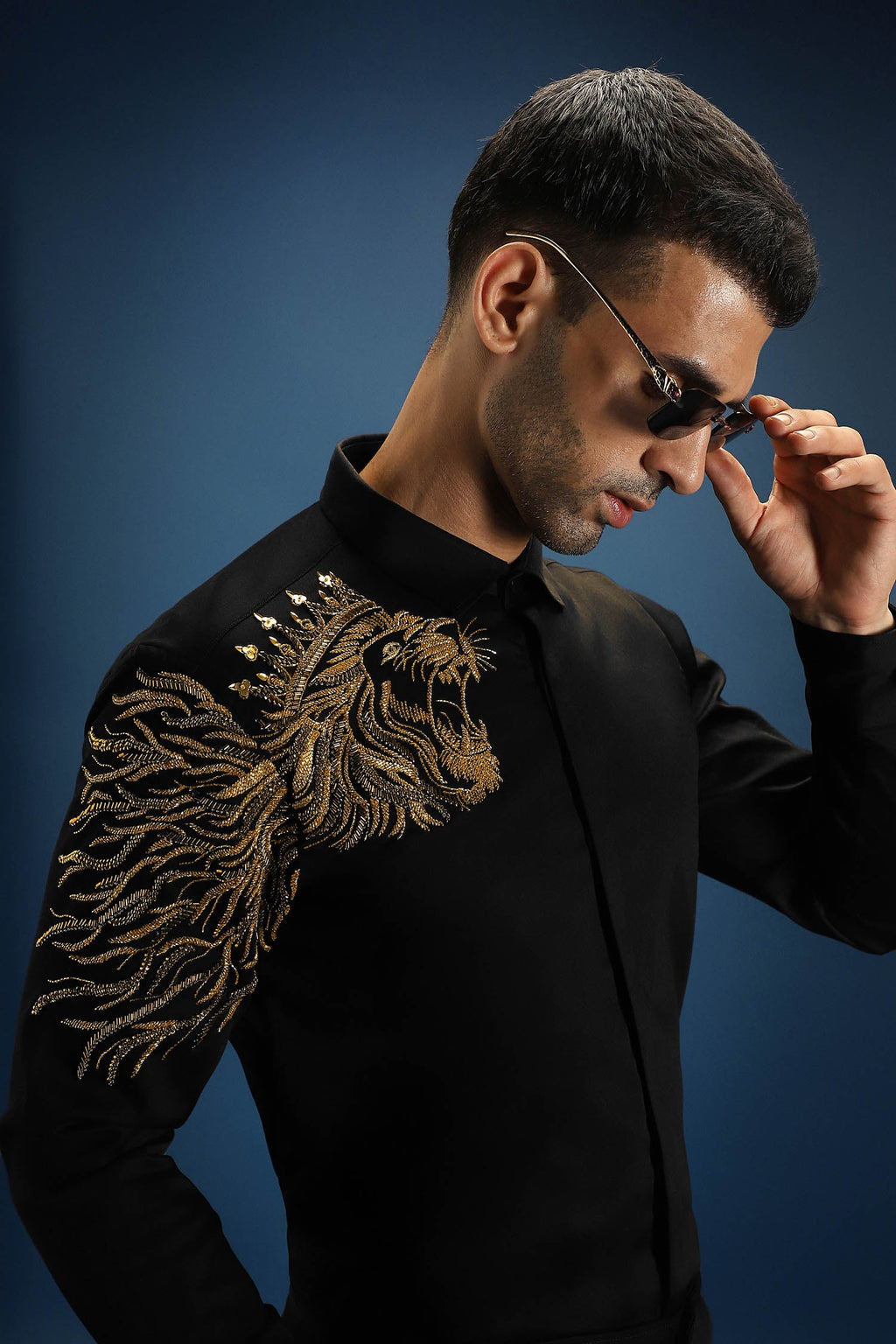 Narasimha (Lion) Hand Embroidered Designer Shirt - Black