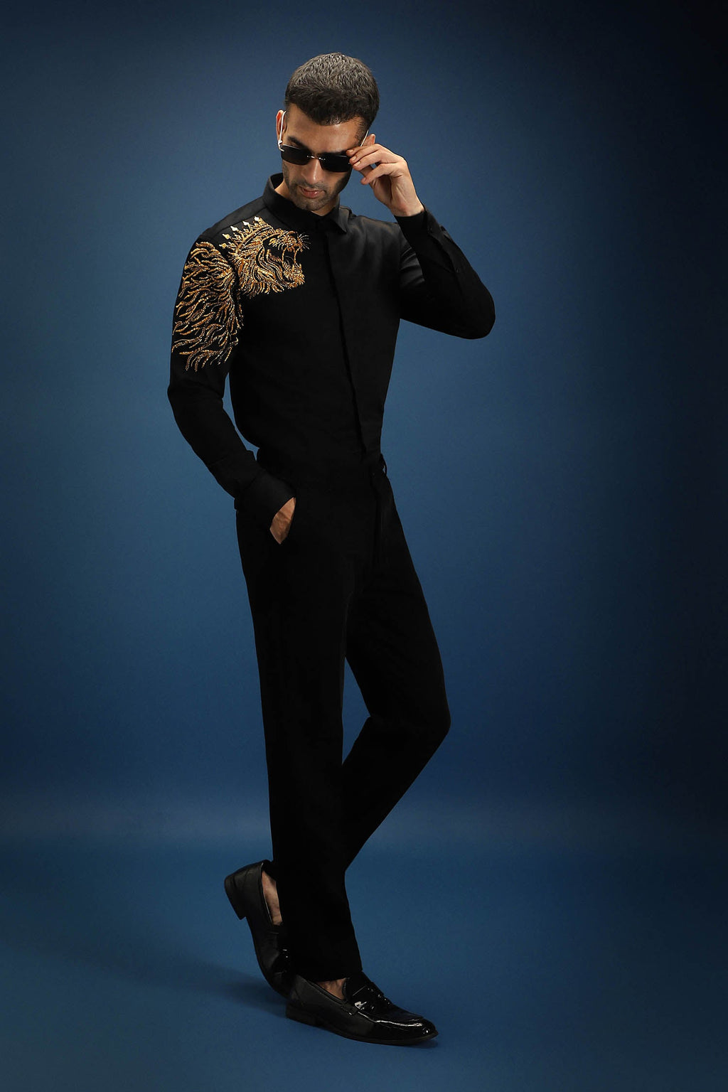 Narasimha (Lion) Hand Embroidered Designer Shirt - Black